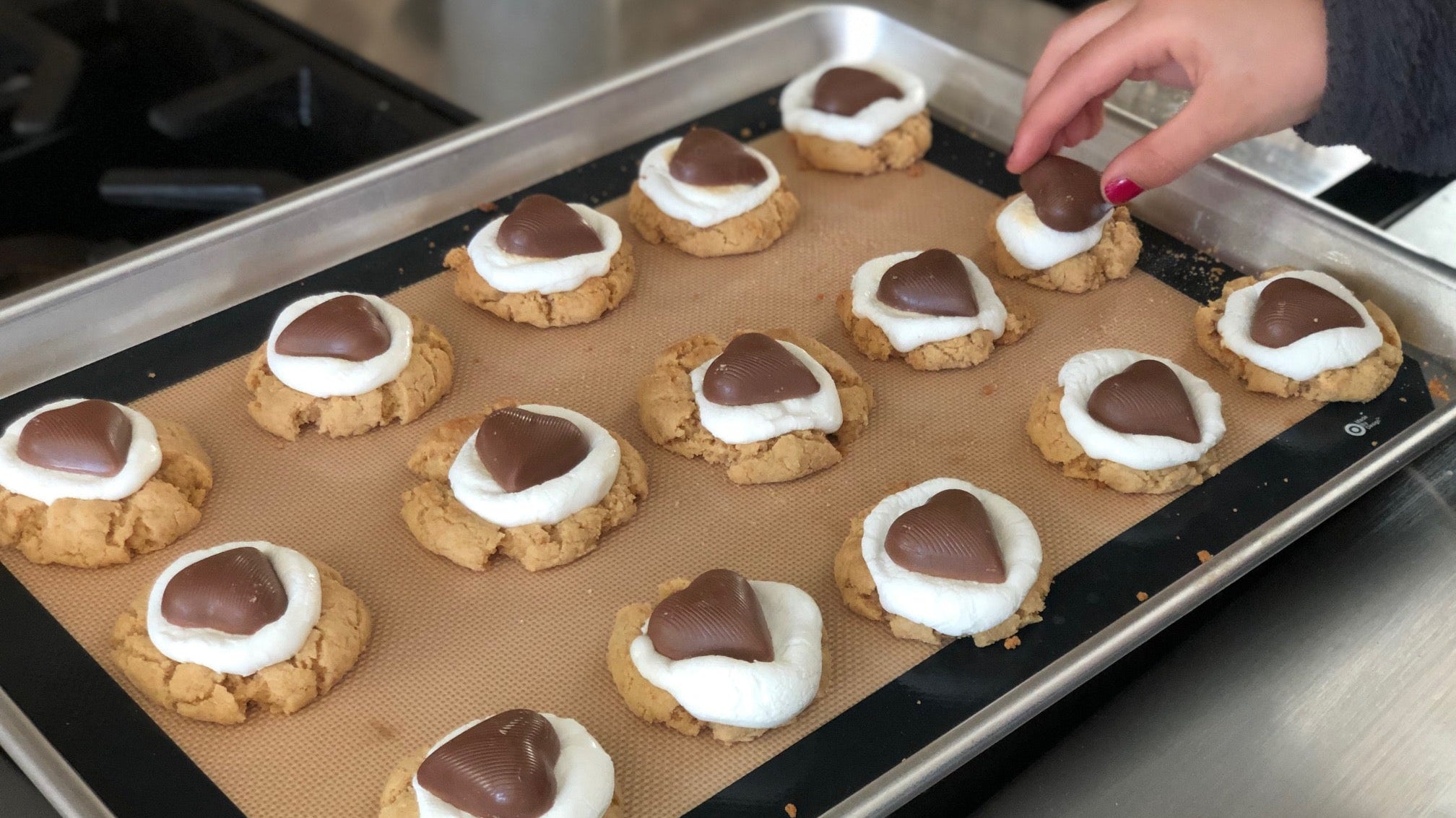 Baking sheet with S'more cookies