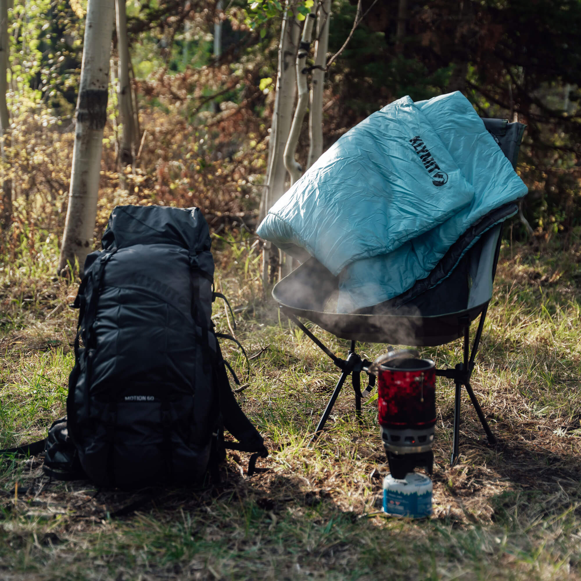 Horizon Backpacking Blanket, Blue/Gray, Lifestyle Blanket on Camp Chair