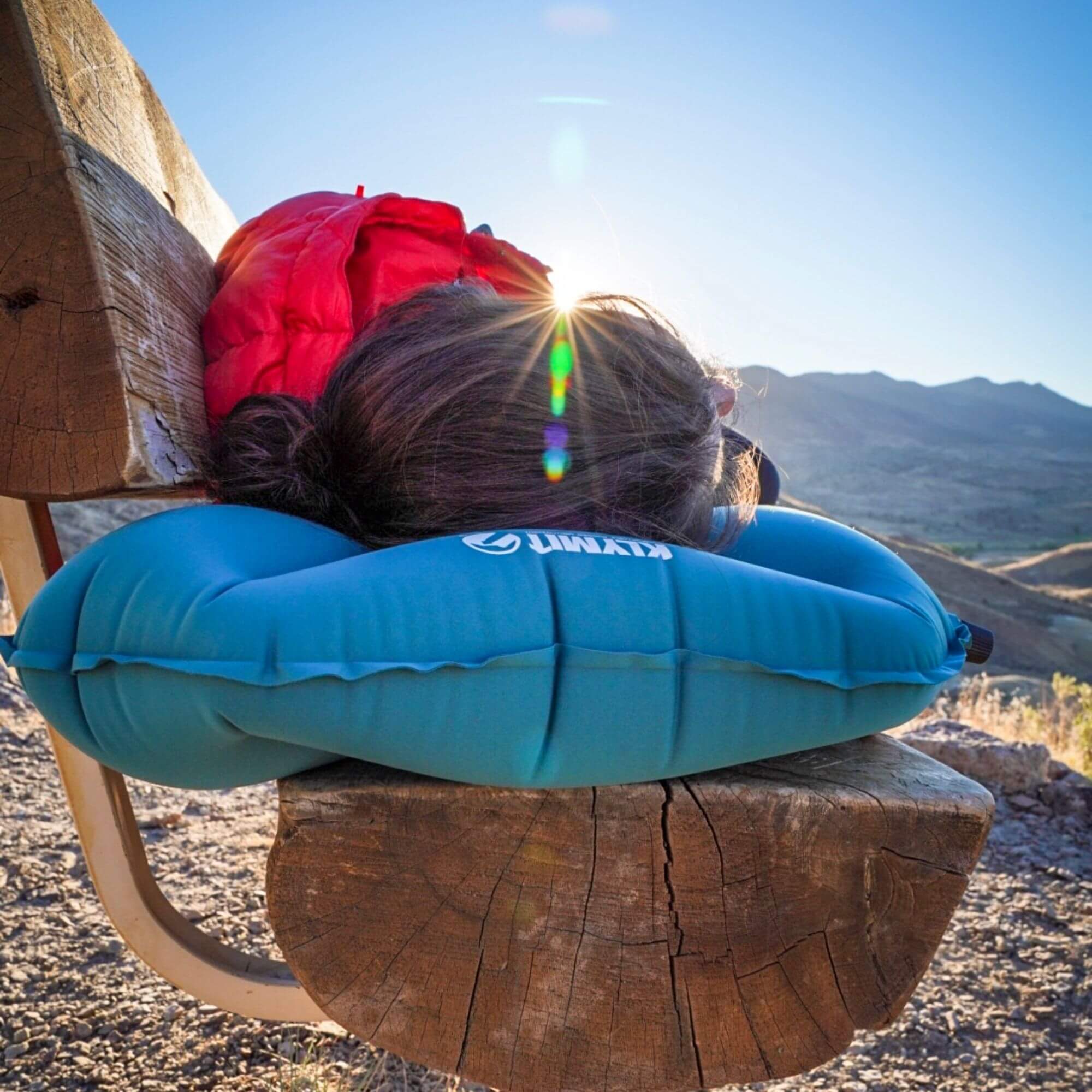 Pillow X Large, Teal, Lifestyle Woman Lying on a Bench with the Pillow