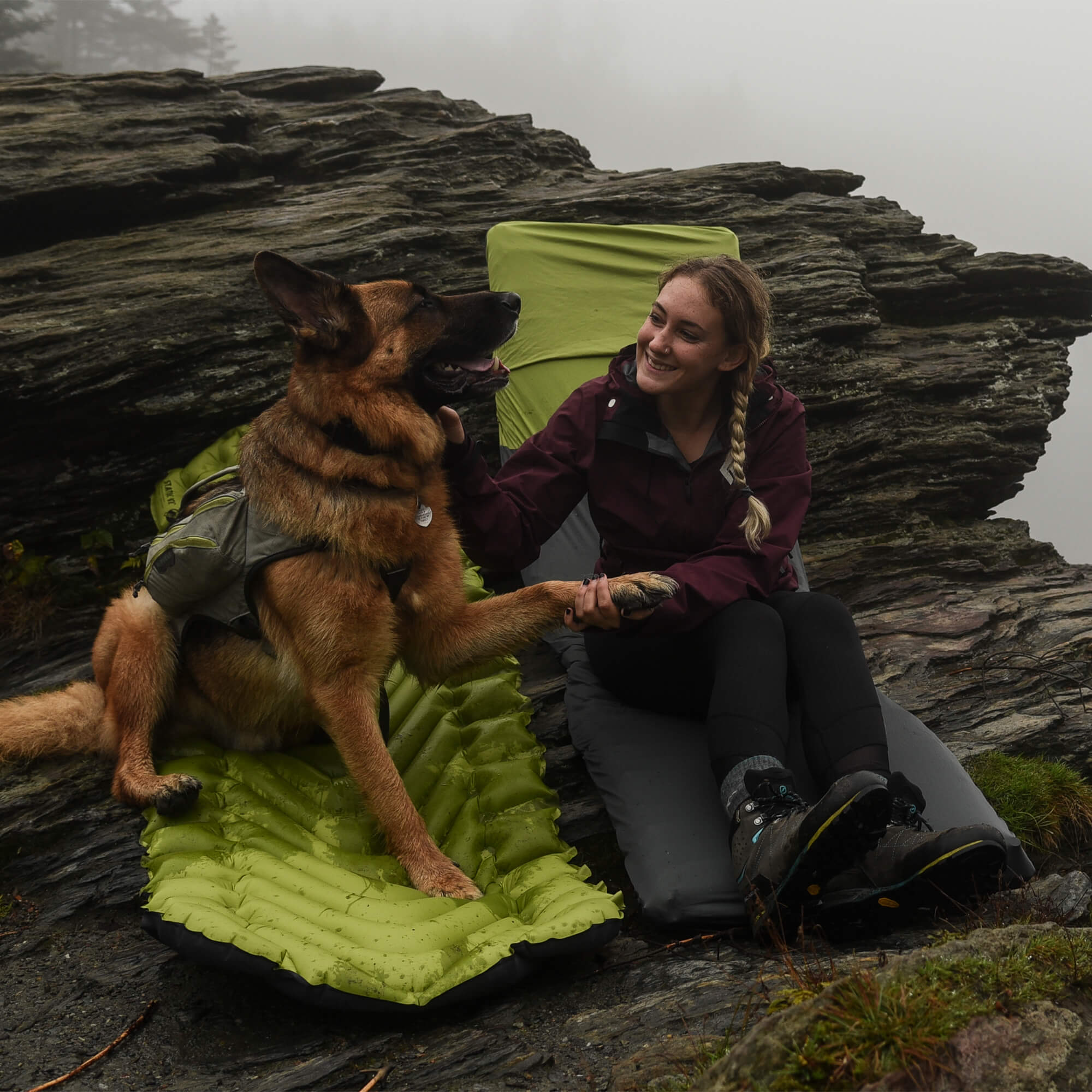 V Sheet, Green/Gray, Lifestyle Woman with Dog