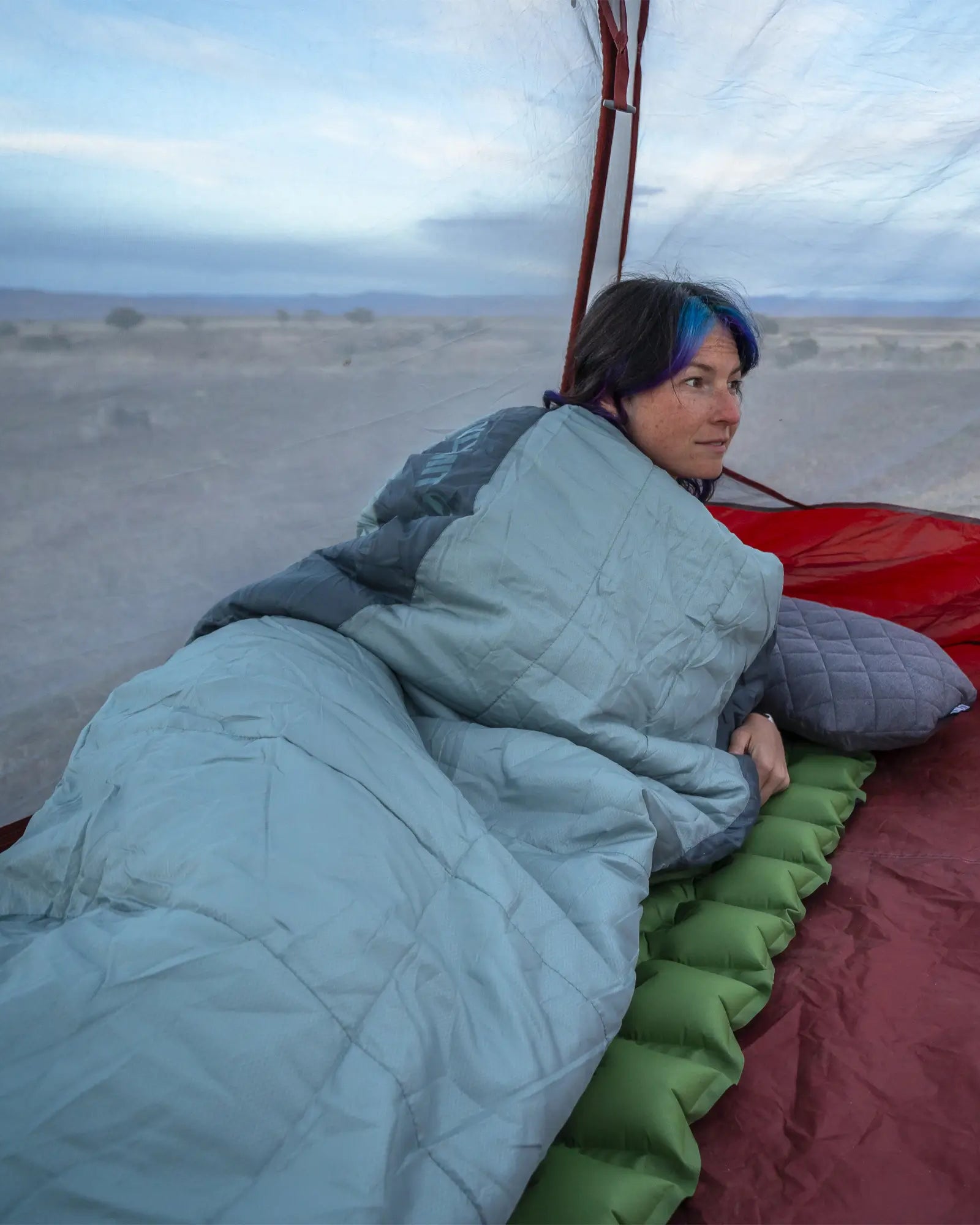 all-groups Wild Aspen 0 and 20 Deg Sleeping Bag, Large, Lifestyle Sleeping on Pad in Tent