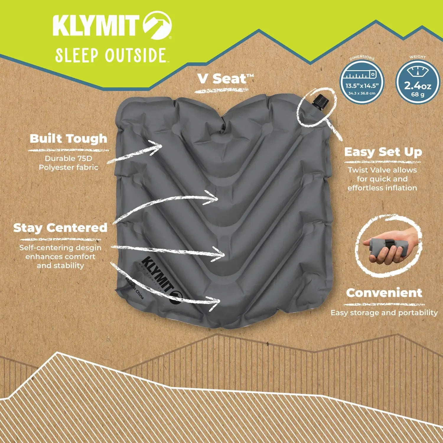Klymit V Seat infographic highlighting key features: durable 75D polyester fabric, self-centering design, twist valve for easy inflation, packable size, dimensions of 13.5 by 14.5 inches, and 2.4 oz weight.