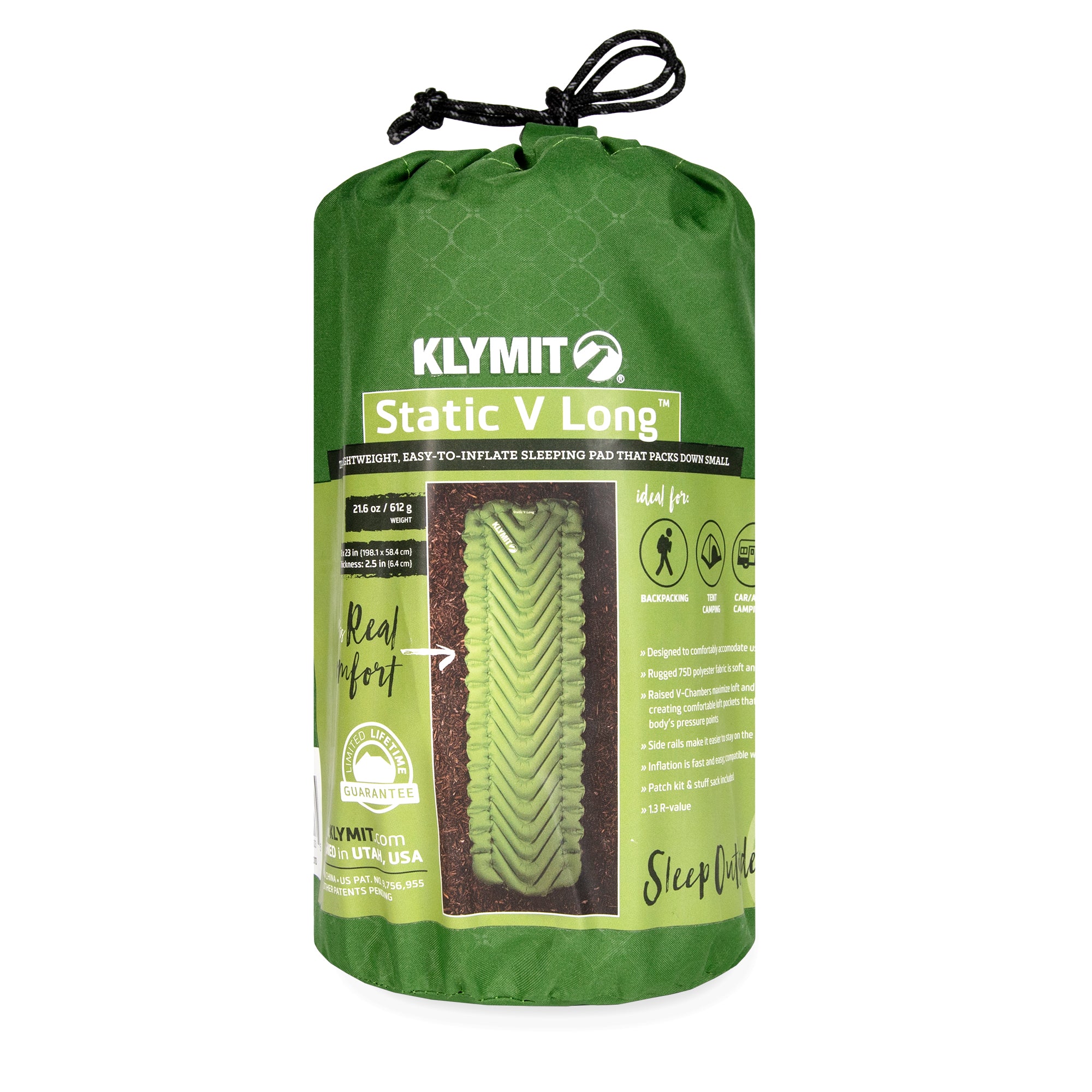 Static V Long Sleeping Pad, Green, Storage Bag