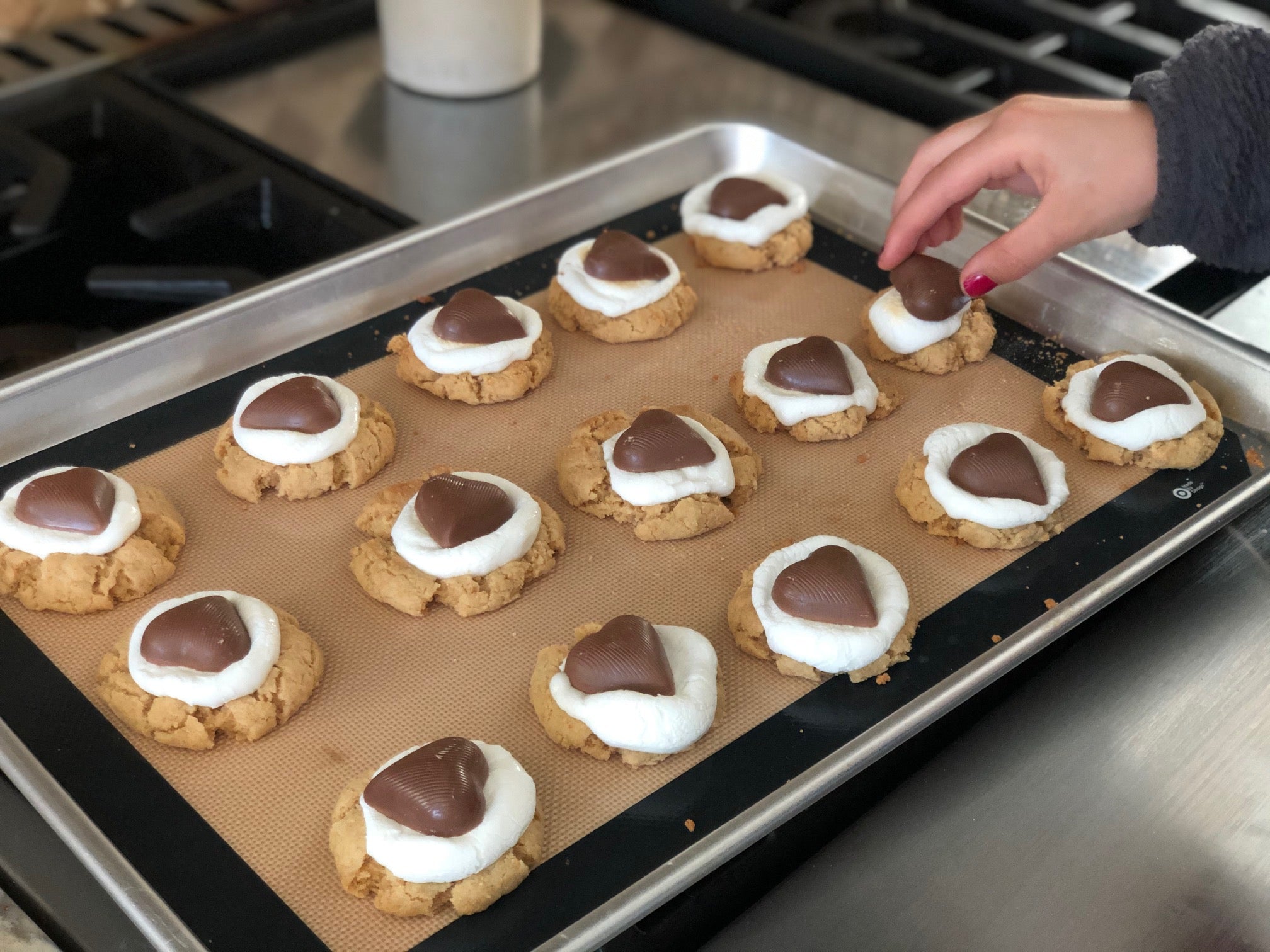 Baking sheet with S'more cookies