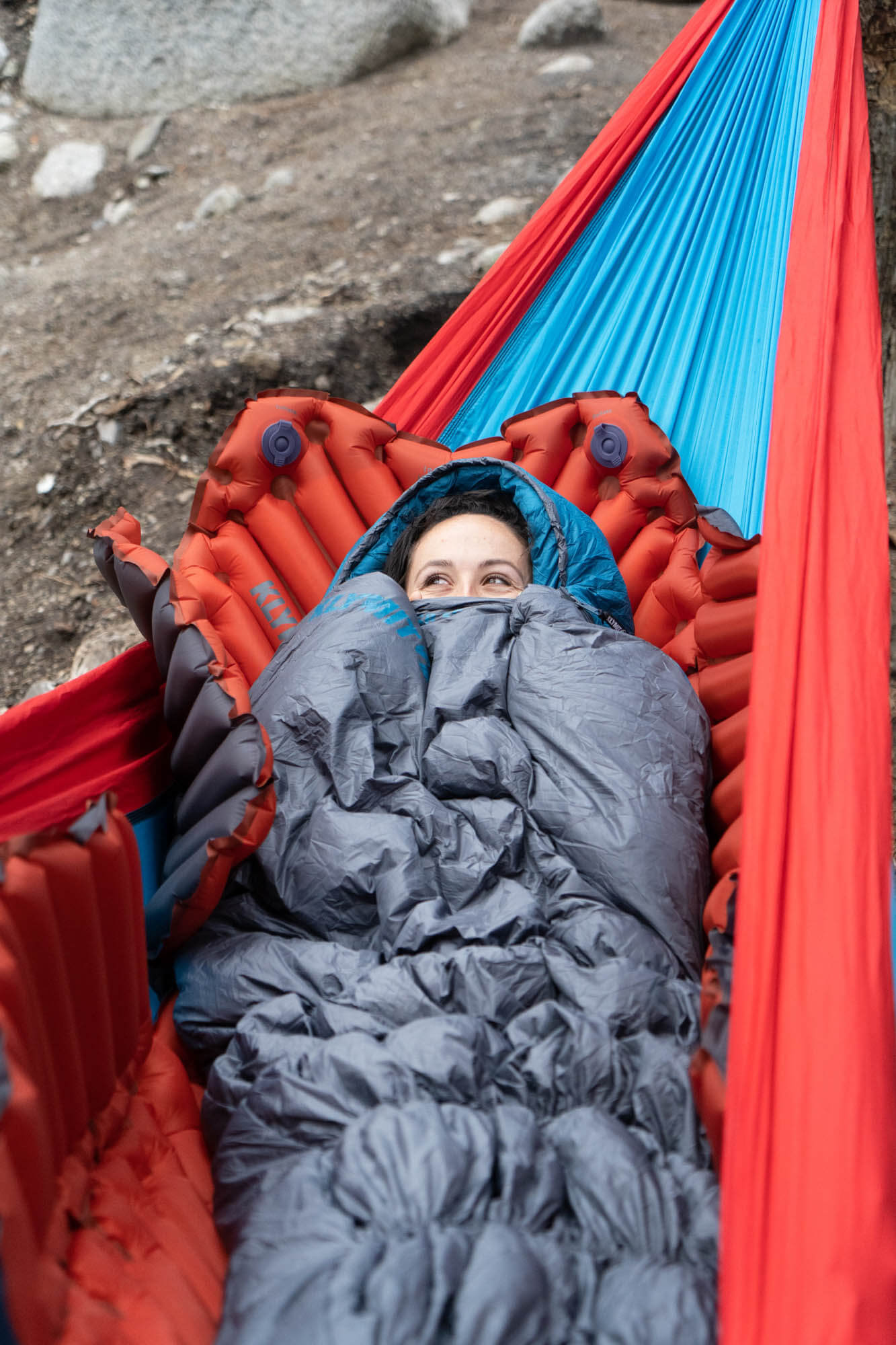 Insulated Hammock V Sleeping Pad, Orange, Lifestyle Lying with Sleeping Bag