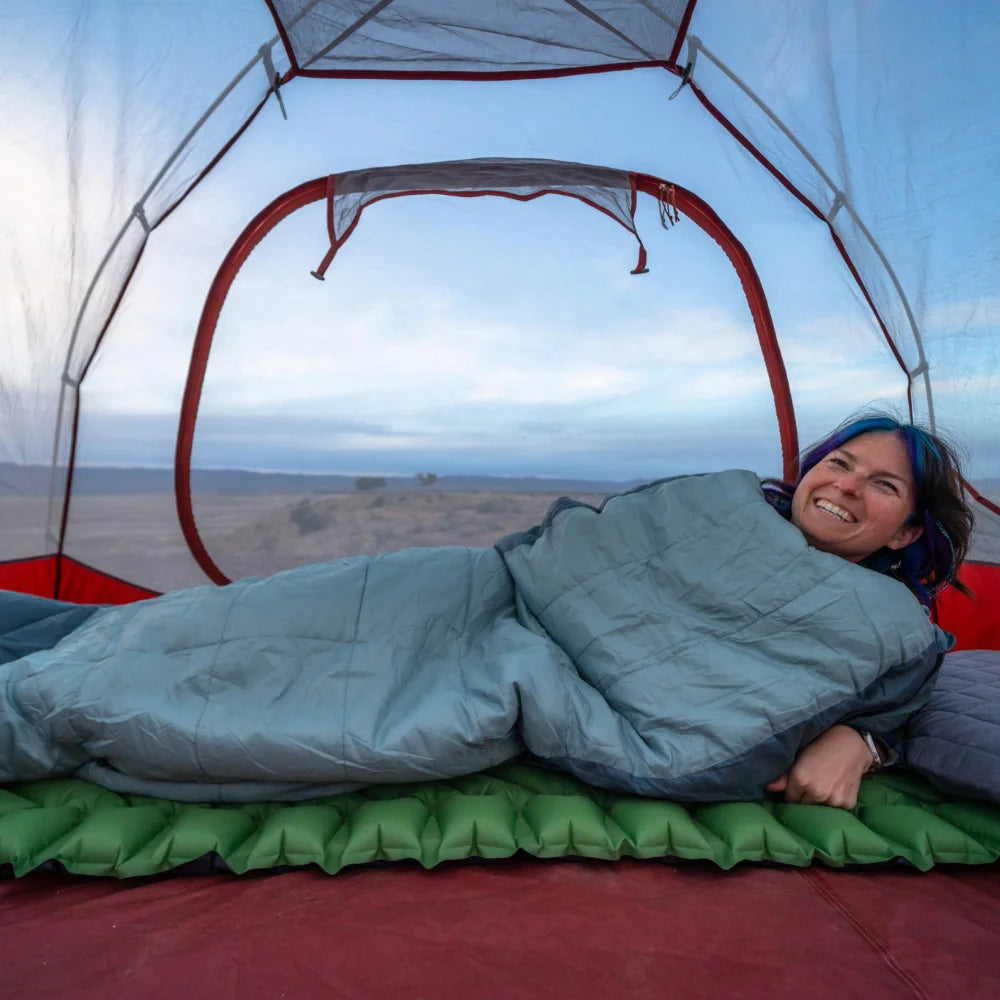 all-groups Wild Aspen 0 and 20 Deg Sleeping Bag, Large, Lifestyle Sleeping on Pad in Tent