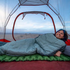 all-groups Wild Aspen 0 and 20 Deg Sleeping Bag, Large, Lifestyle Sleeping on Pad in Tent