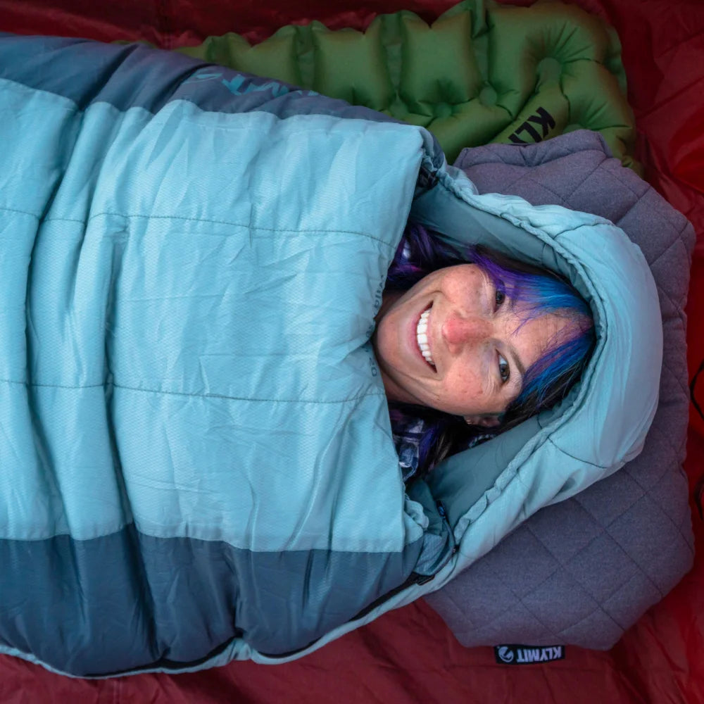 all-groups Wild Aspen 0 and 20 Deg Sleeping Bag, Large, Lifestyle Sleeping on Pad in Tent