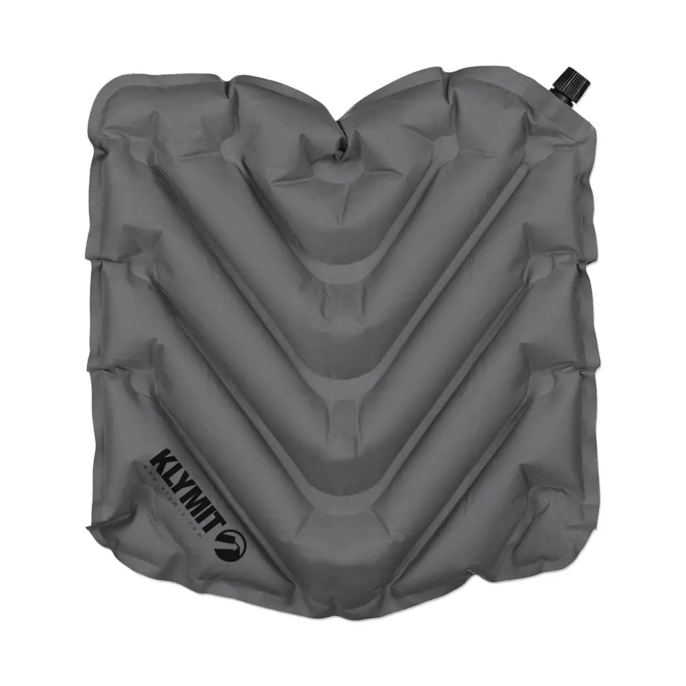 Gray inflatable V Seat pad with Klymit logo on a white background