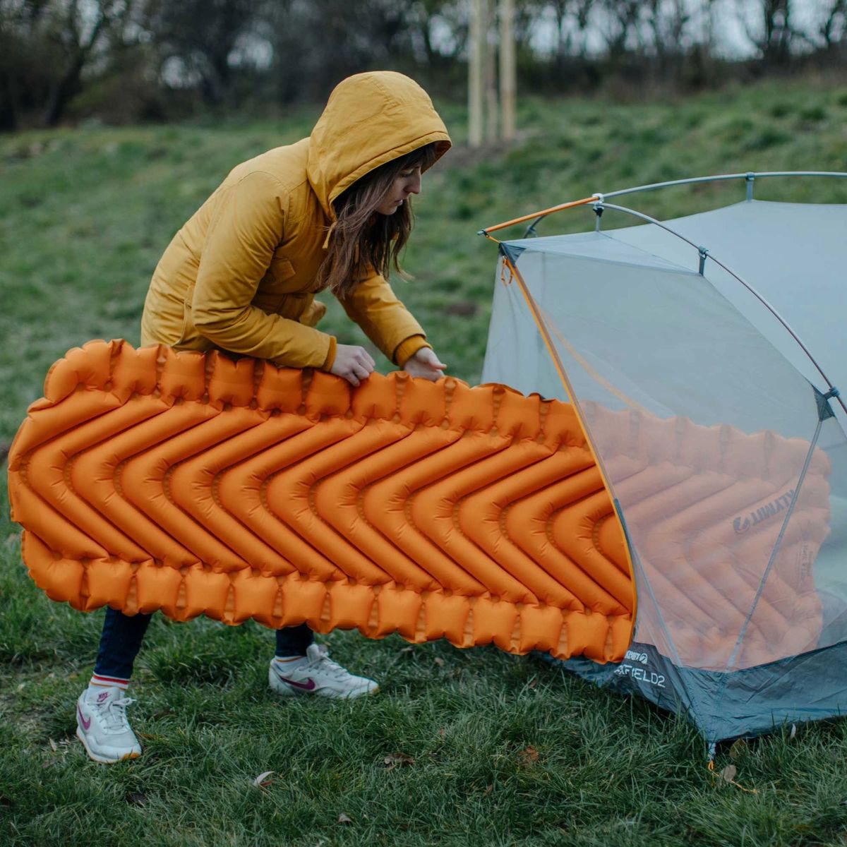 Insulated Static V Lite Sleeping Pad, Mango, Lifestyle Tent