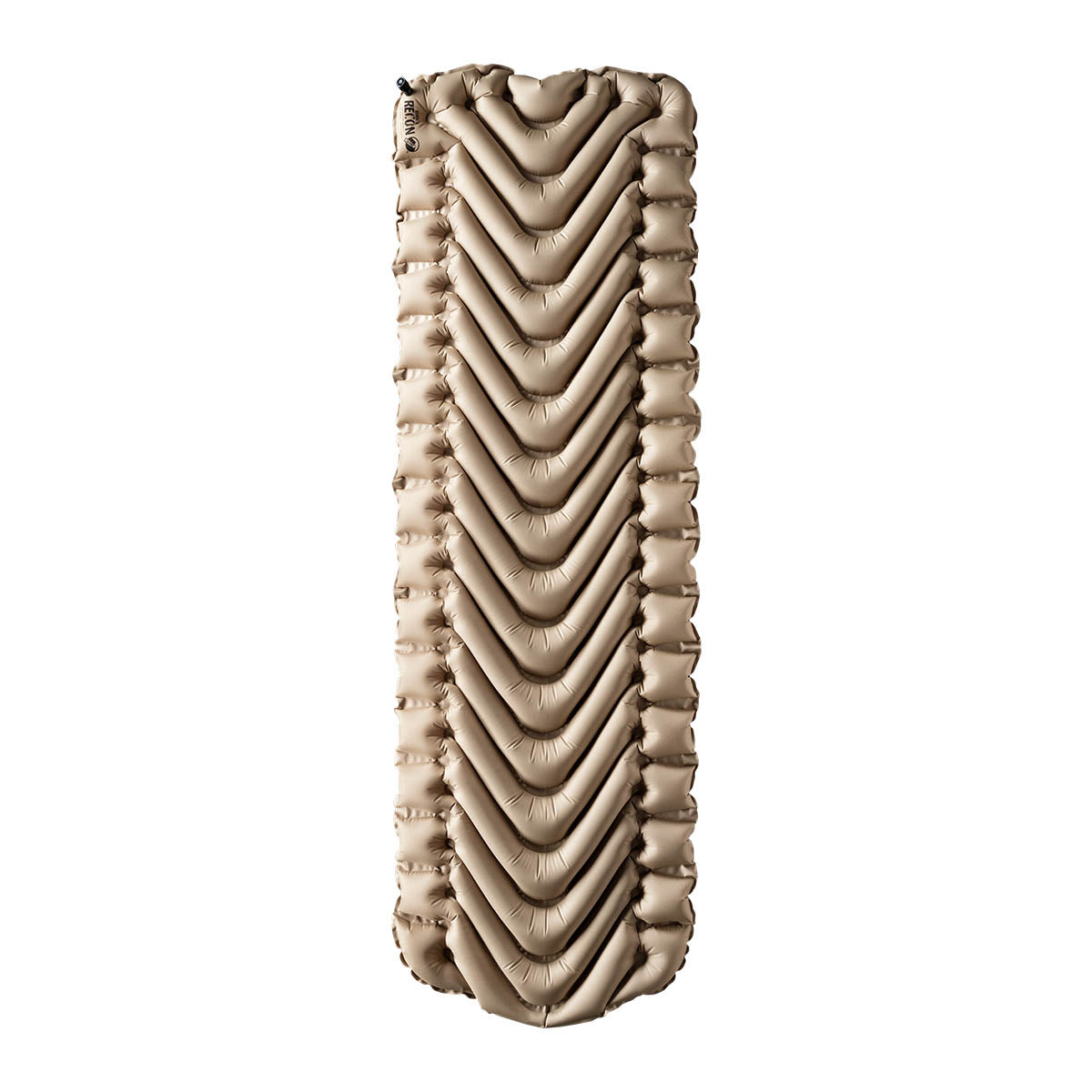 A rectangular tan inflatable sleeping pad with v shaped pattern shown face on.